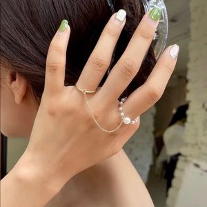 Gold Faux Pearls Rhinestone Chain Double Ring